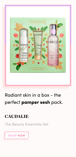 Caudalie The Beauty Essentials Set. Radiant skin in a box - the perfect pamper sash pack.  This radiating skincare set contains: Beauty Elixir 100ml Instant Foaming Cleanser 50ml Glycolic Peel 15ml