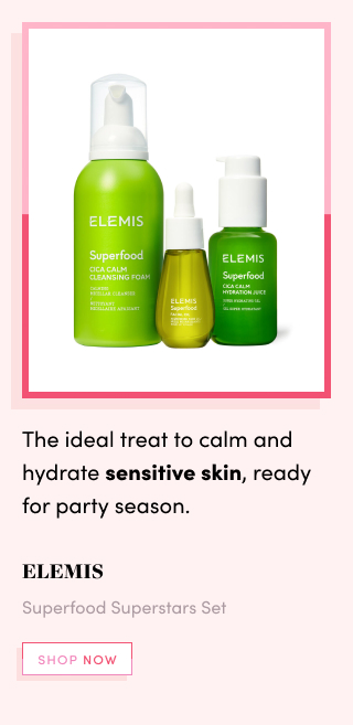 Elemis Superfood Superstars Set. The ideal treat to calm and hydrate sensitive skin, ready for party season.  This full-of-goodness skincare set contains: CICA Calm Cleansing Foam 180ml CICA Calm Hydration Juice 50ml Facial Oil 15m